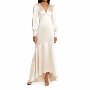 Elliatt XS Aleah Satin Dress Maxi Gown 0154 button cuff trumpet ruffle hi low